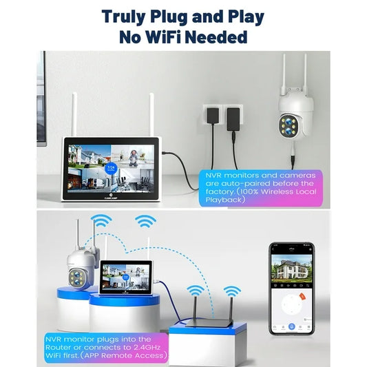 Toguard SC37 10CH Wired Security Camera System Outdoor with 500G Hard Drive, 2K 10.1" LCD NVR Monitor, 4pcs 1080P PTZ IP Security Surveillance Cameras Dual Lens, Wireless WiFi Sigal