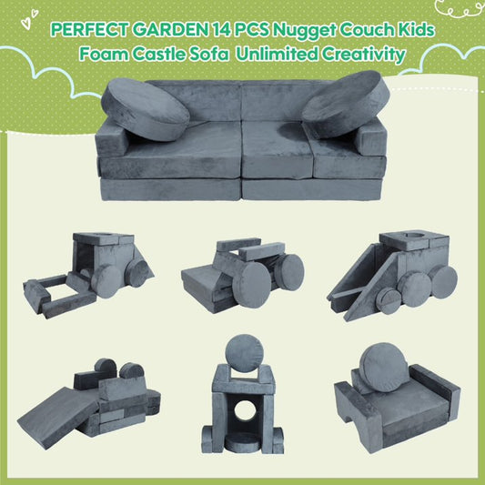 HSUNNS 14 PCS Kids Couch, Velvet Kids Play Modular Couch, Kids Sofa for Boys and Girls, Easy Assembly, Modular Play Sofa for Bedroom and Playroom, Gray