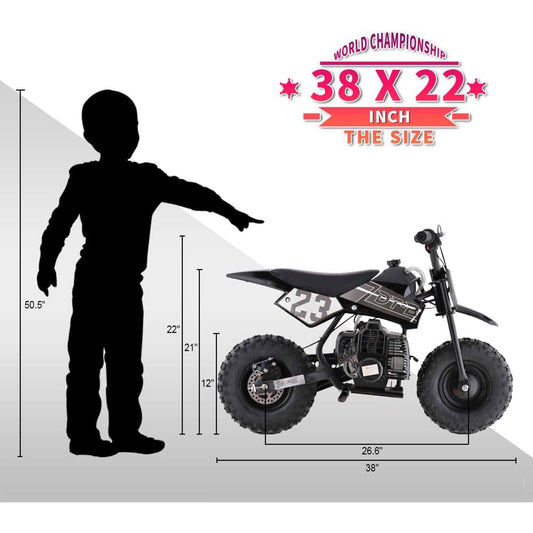 Mini Kid Dirt Bike, 49 CC 2 Stroke Gas Bike with Off Rode Tire, Suspensions, Disc Brakes, Max Load 160Lbs, Up to 20Mph, EPA Approved