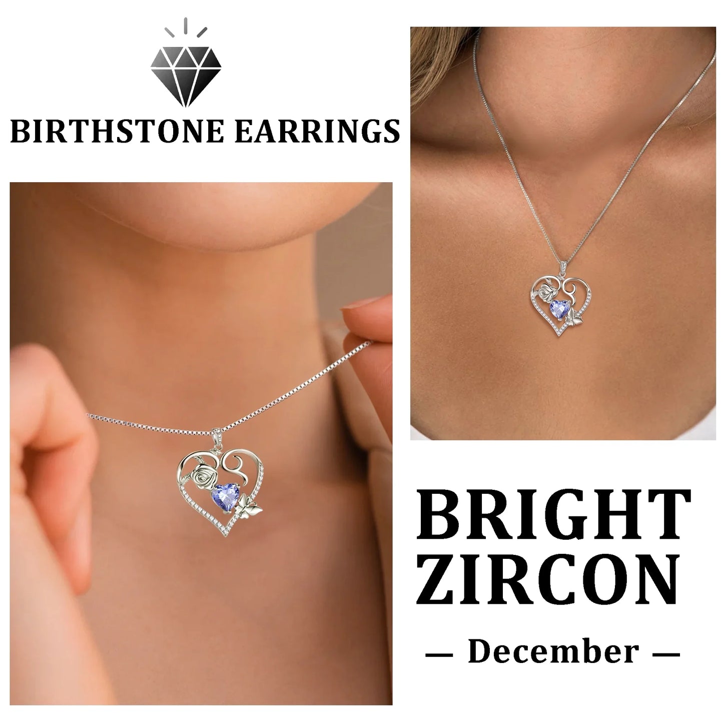 Beautlace 925 Sterling Silver Heart Rose Necklace,Butterfly Flower Cute Animal Pendant Necklace Jewelry Birthday Christmas Valentines Mother's Day Gifts for Women Mom -December