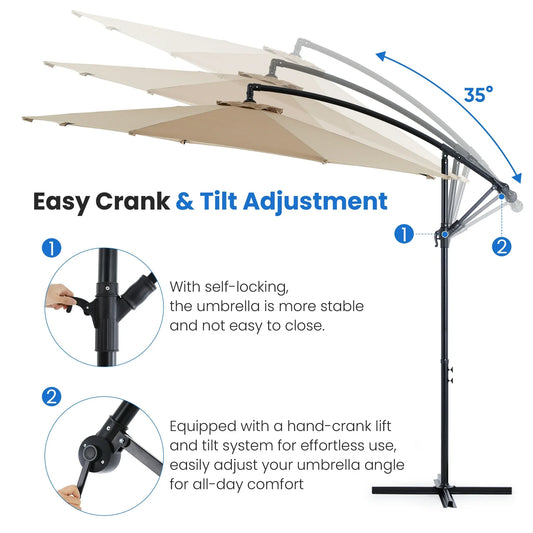 edx 10FT Offset Hanging Patio Umbrella Outdoor with Push Button Tilt & Self-Locking, Polyester Shade, 8 Sturdy Ribs, Khaki