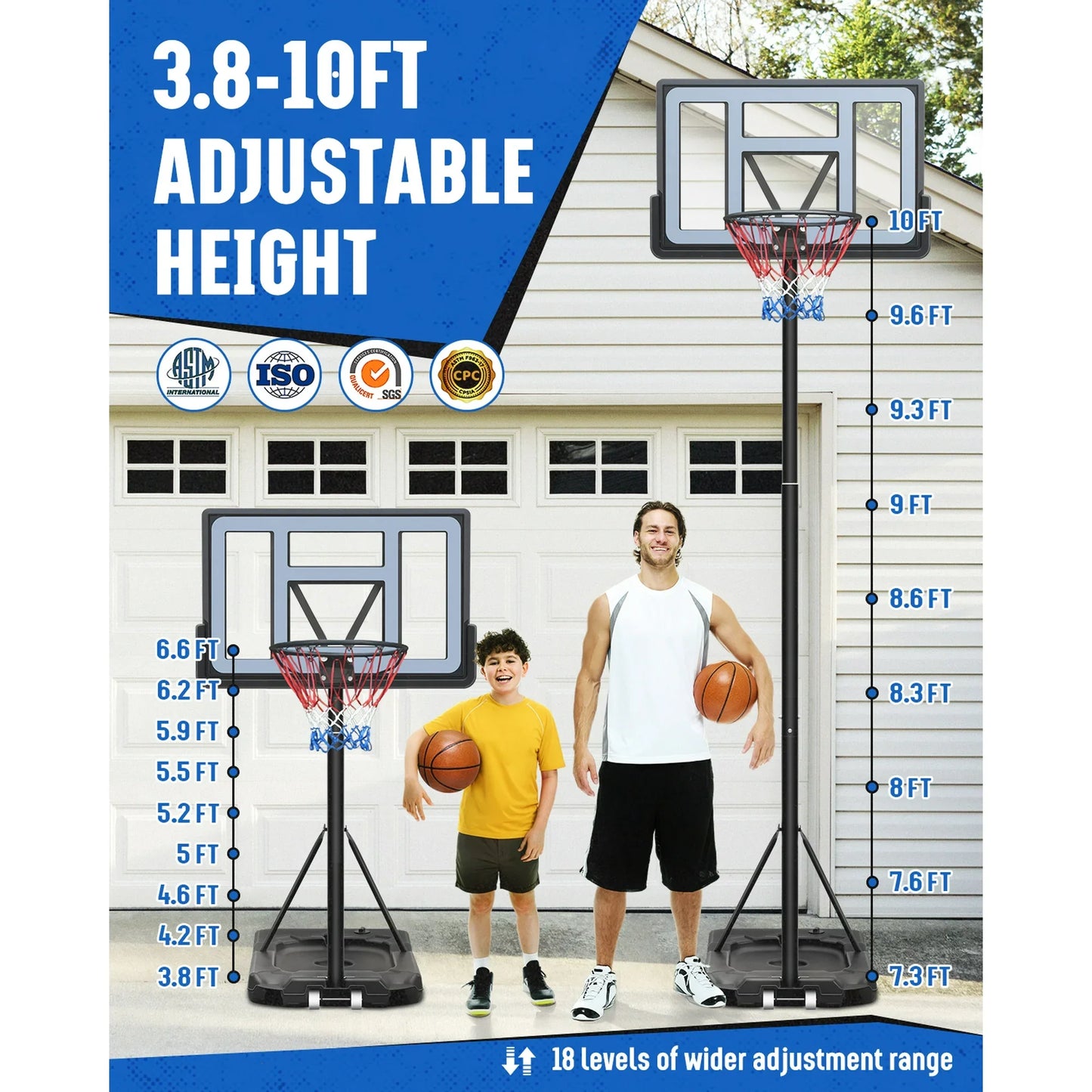 Seray Basketball Hoop with 44 inch Backboard and 2 Wheels, Basketball Hoop Outdoor 3.8-10 feet Adjustable Height for Kids/Adults Outdoor/Indoor Sports