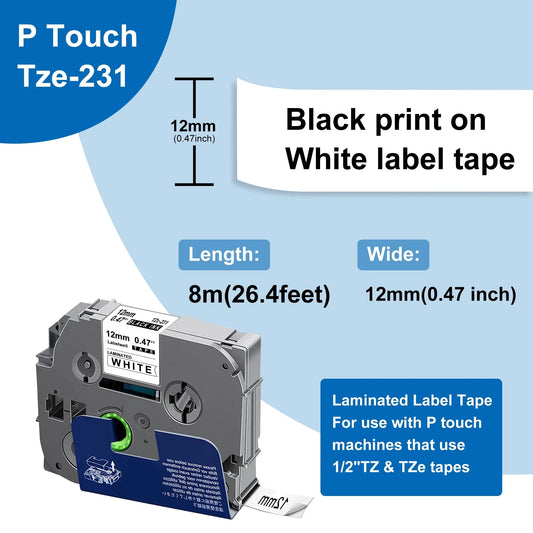 5-Pack 231 Label Maker Tape for Brother P Touch TZe231 Tape Label Tape 12mm 0.47 Inch Laminated White Label Maker Tape TZe-231 for P Touch PT-D210 PTH110 PT-D220 PTD600, 26.2 Feet