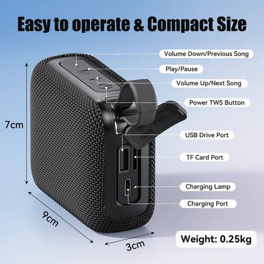 FanFun Portable Bluetooth Speaker, Mini Wireless Speaker 10W Power Subwoofer, Outdoor Waterproof Speaker with Stereo Bass, 6-8 H Playtime, Party Speaker for Home, Travel, Hiking, L3-Black