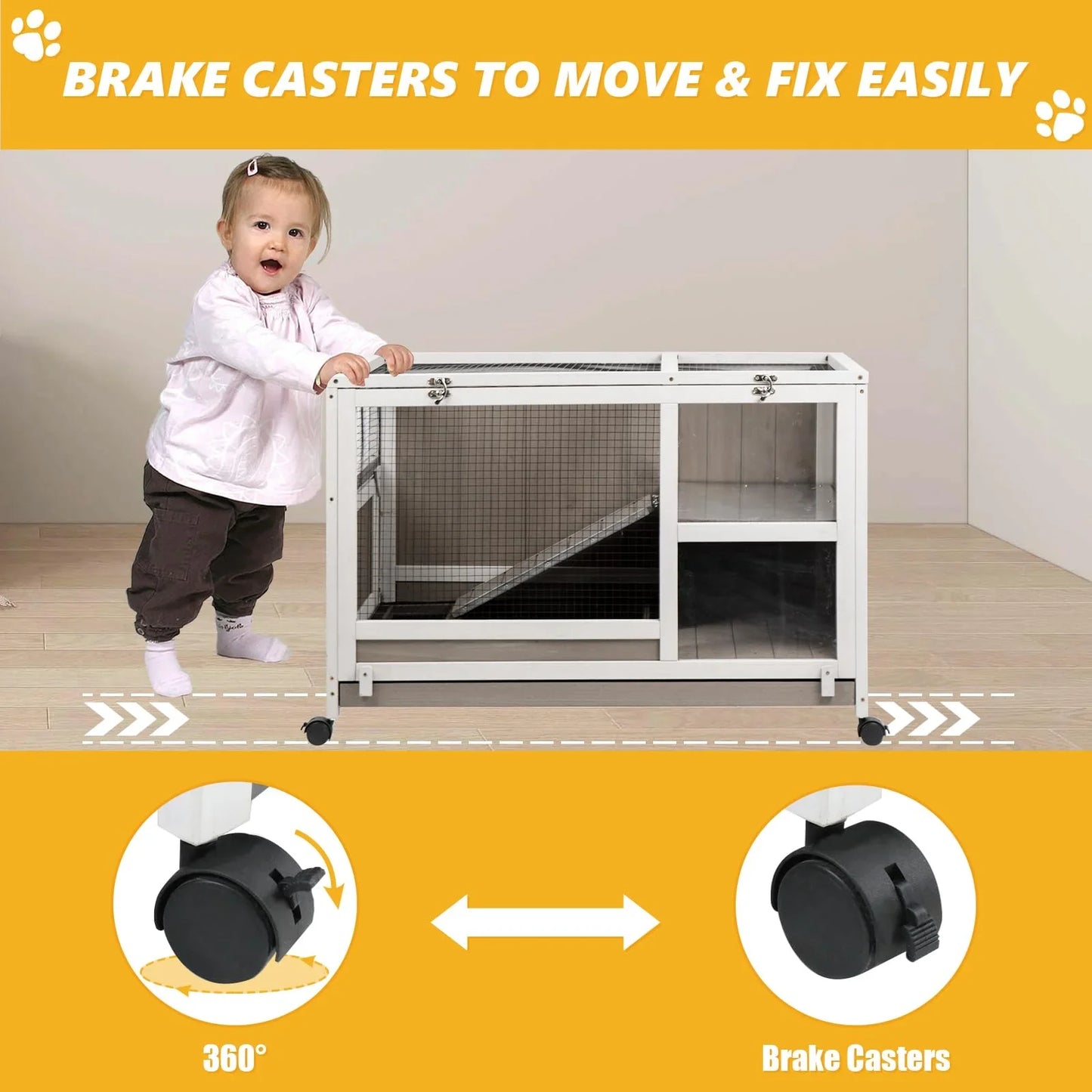 PETSCOSSET Guinea Pig Cages Indoor Wooden Rabbit Hutch with Ramp, Pull-Out Tray, Wheels