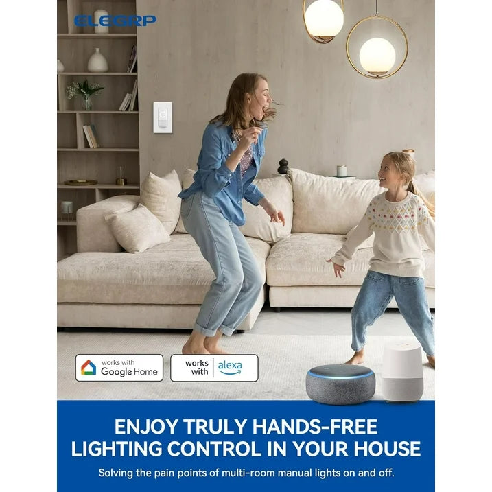 ELEGRP Smart Sensor Light Switch Single Pole, 2.4GHz Wi-Fi Dimmer Switch Compatible with Alexa & Google Assistant, APP Control, Neutral Wire Required, UL Listed, No Hub Required, White 1PC