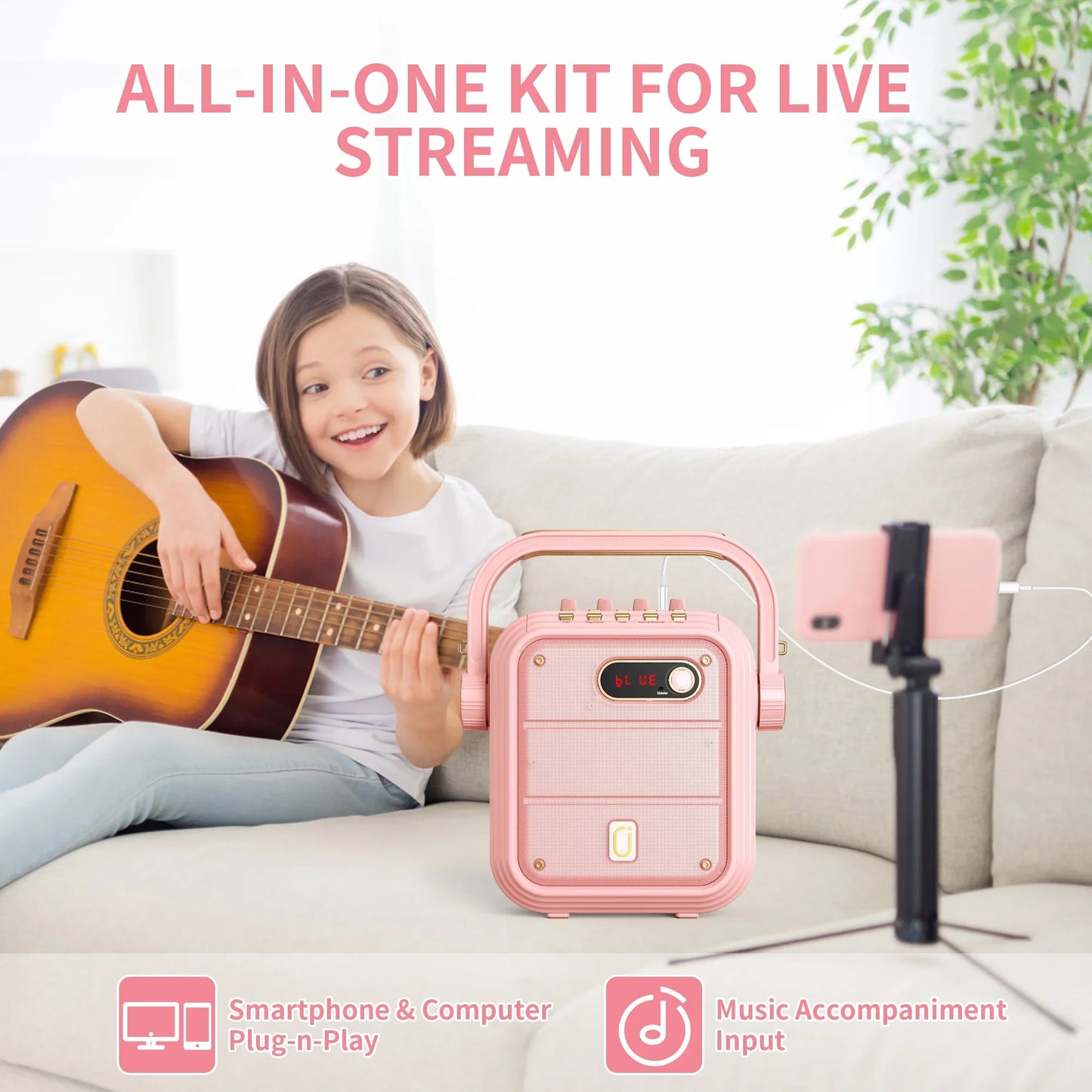 FanFun Portable Speaker, Loud Stereo Sound Pink Bluetooth Speaker with Treble/Bass Adjustment, 8 Sound Effects Party Speaker with PA System for Party/Livestream