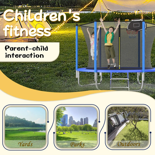 Ovatoys 800LBS 8FT Trampoline for 3 4 Kids ,Trampoline with Safety Enclosure Net,Basketball Hoop and Ladder, Easy Assembly Round Outdoor Recreational Trampoline,Age (3-10)