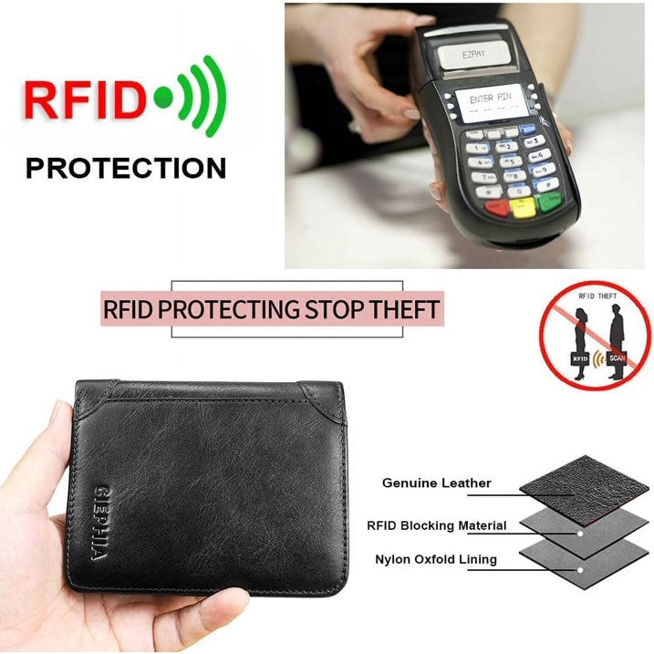 RFID Blocking Trifold Genuine Leather Wallets for Men, Vintage Short Multi Function Credit Card Holder,Money Clips with 2 ID Windows Give Gifts to Men (Black)