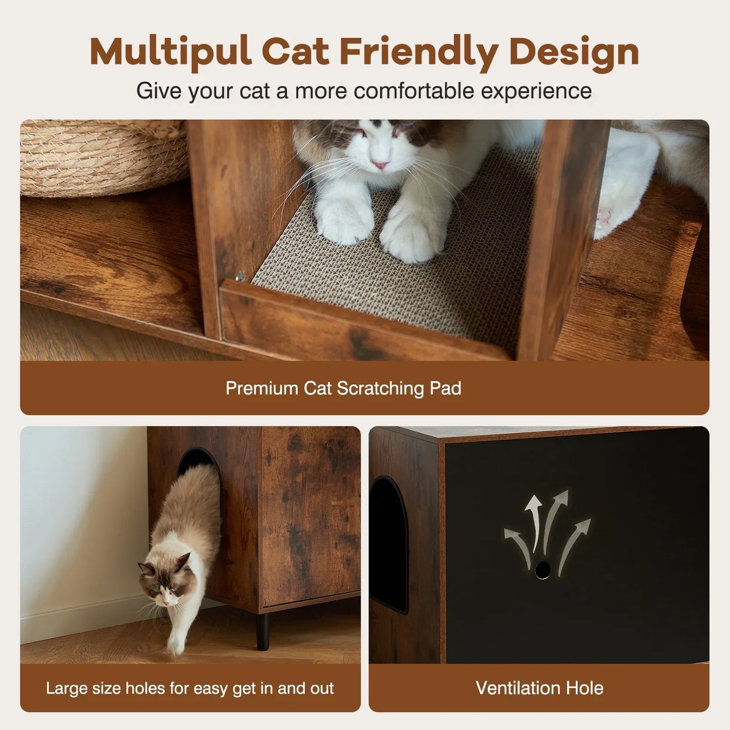 JanflyHome Litter Box Enclosure, MDF-Boards, Cat Litter Box Furniture with Scratching Board, Brown