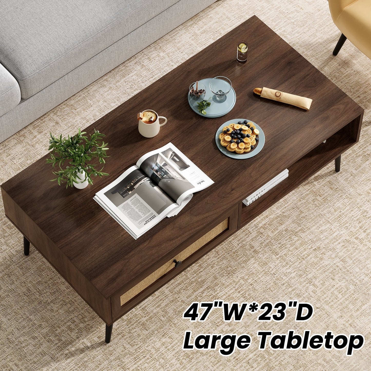 Farini 47" Modern Coffee Table, Rectangle Living Room Table with Drawer & Open Shelf for Living Room, Office, Walnut
