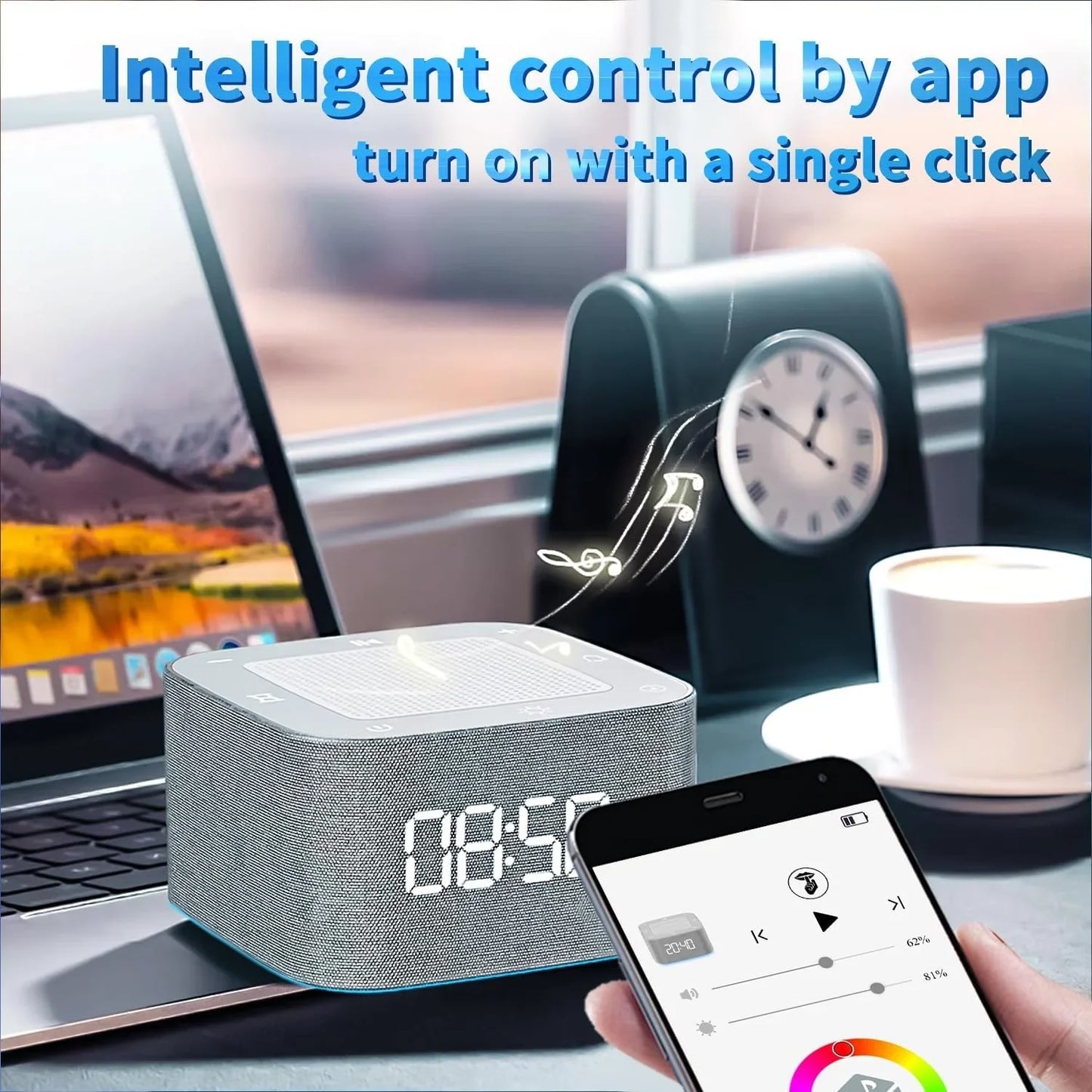 FETERVIC 4 in1 White Noise Sound Machine with 32 Sounds  Alarm Clock  Night Light, Alarm Clocks for Bedrooms with Wireless Speaker, App Control, Dimmable Clock, Noise Machine for Baby, Kids, Adult