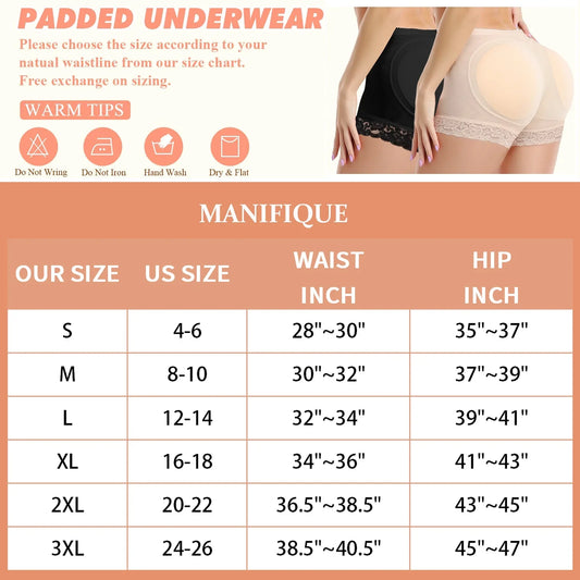 MANIFIQUE Padded Underwear for Women Butt Lifter Seamless Booty Pads Butt Enhancer Panties Lace Shapewear Boyshorts