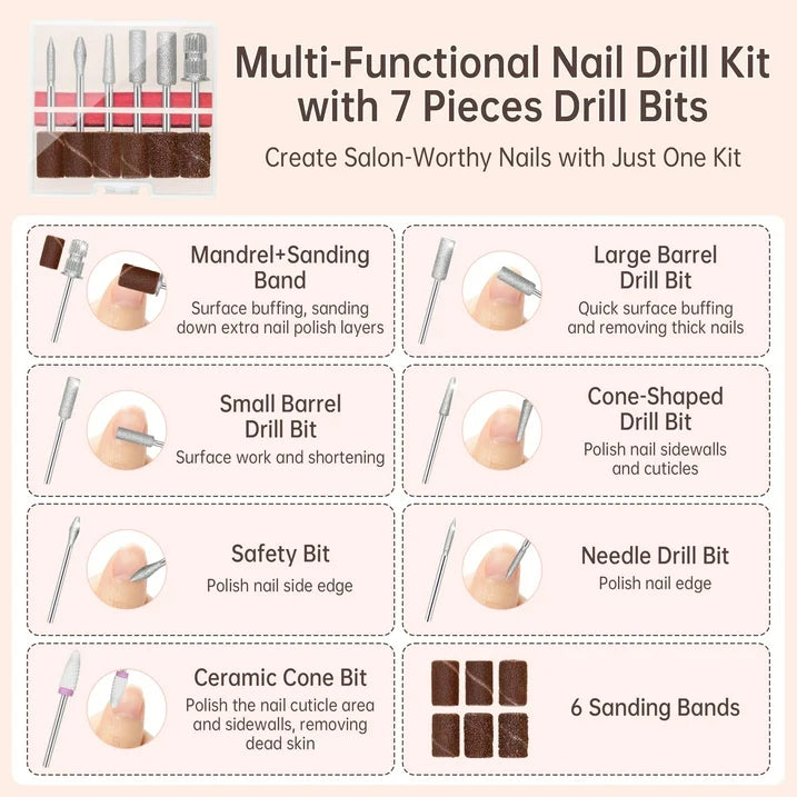 Sentryse Electric Nail Drill 40000RPM Professional Electric File Rechargeable Nail Drill Machine with LCD Display  Base  7 Bits for Salon Manicures