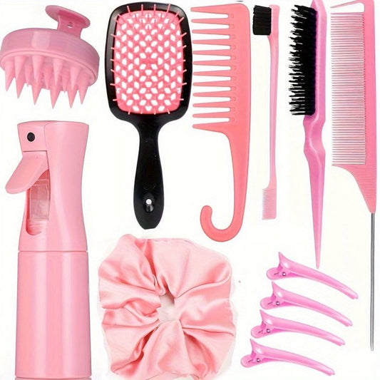 12pcs/Set Hair Styling Comb Set, Detangling Hair Brush For All Hair Types, Detangler Brush Teasing Hair Brush Rat Tail Comb Edge Brush, Silicone Scalp Massager Shampoo Brush For Shower-Pink