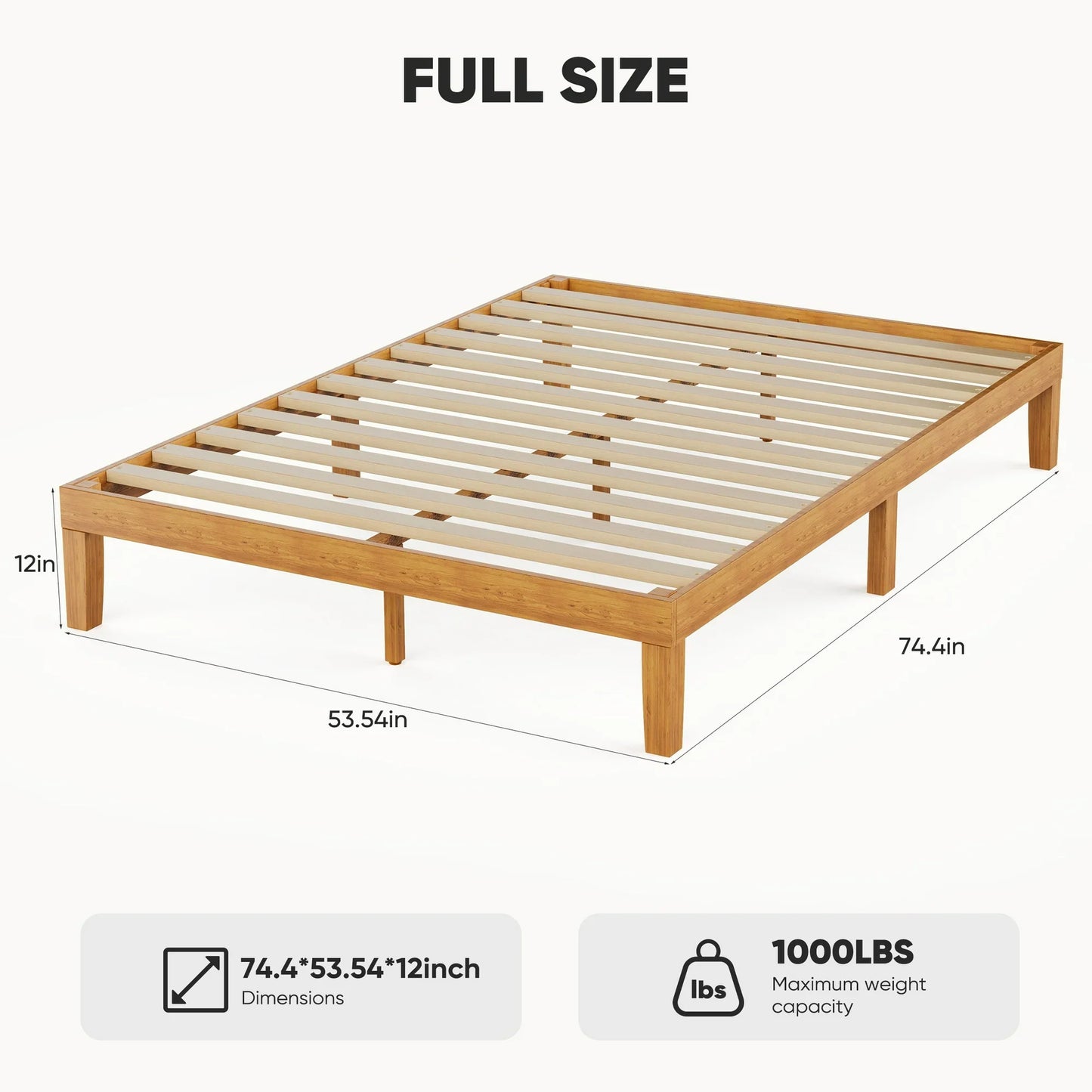 EDX Full Size Wood Bed Frame, No Spring Needed, 12in Wooden Platform Bed Frame Mattress Foundation with Support Slats, Natural Pine