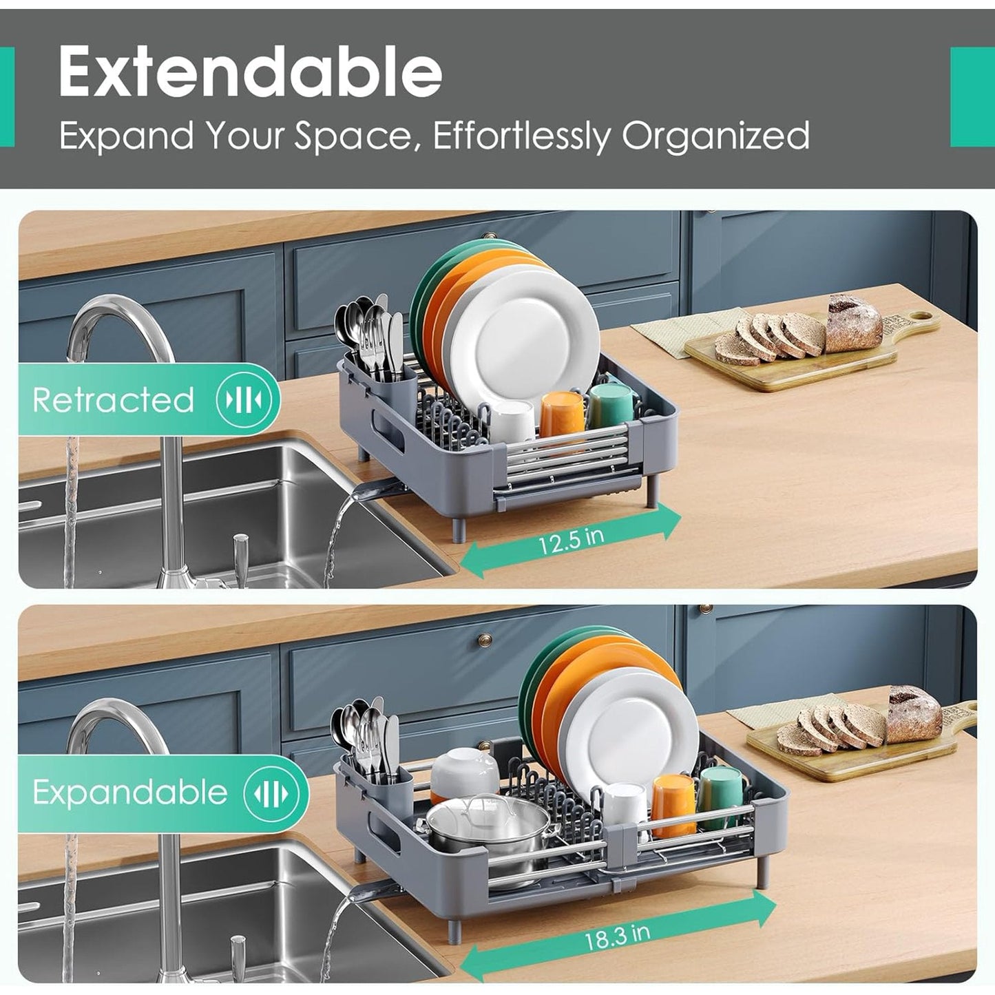 Dish Drying Rack for Kitchen Counter, Extendable Dish Rack with Drainboard, Expandable Dish Drainer, Collapsible Dish Strainer with Cutlery Holder, Foldable Home Countertop Plate Storage Rack, Gray