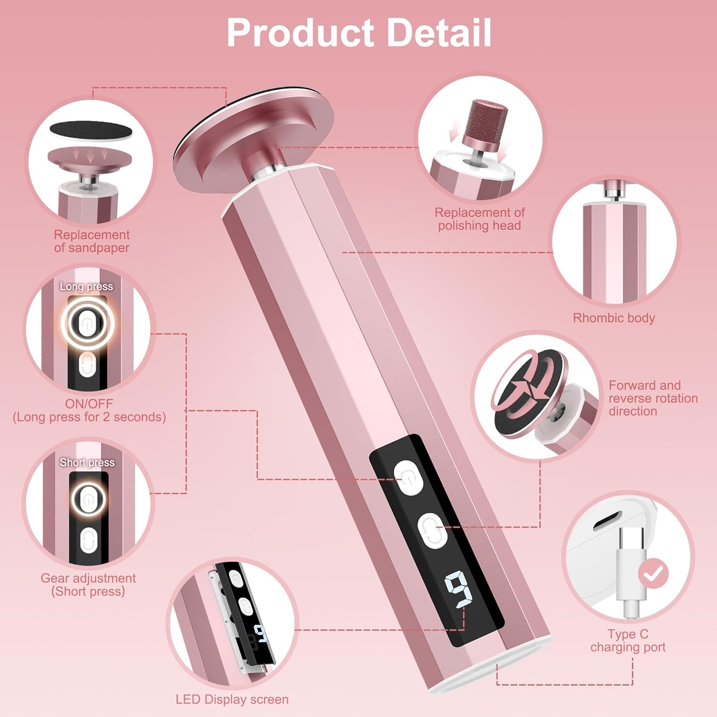 Electric Foot File  Callus Remover for Feet,9 Adjustable Speed Foot Scrubber with 40 Pcs Sandpaper Discs,Professional Pedicure Tool for Dead Skin and Calluses  Pink