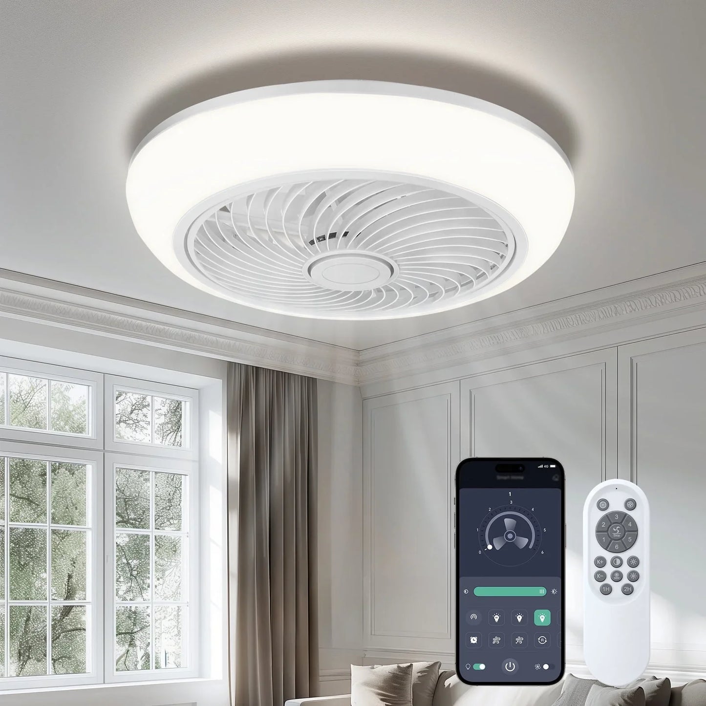 18in Indoor Ceiling Fan with Light, Remote & APP Control, 3 Colors Lighting and 6 Wind Speeds, Invisible Bladeless Ceiling Fan, Timing Setting