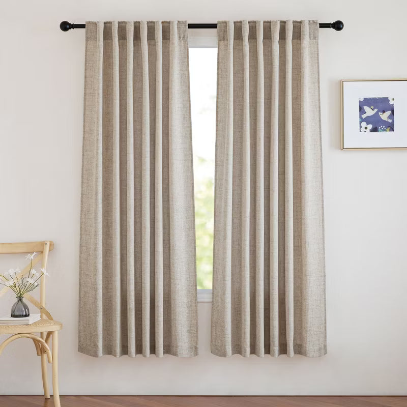 NICETOWN 52x72 Inch Light Beige Faux Linen Semi Sheer Curtains, Light Filtering Bedroom Drapes with Rod Pocket Back Tab for Cozy Spaces, 2 Panels