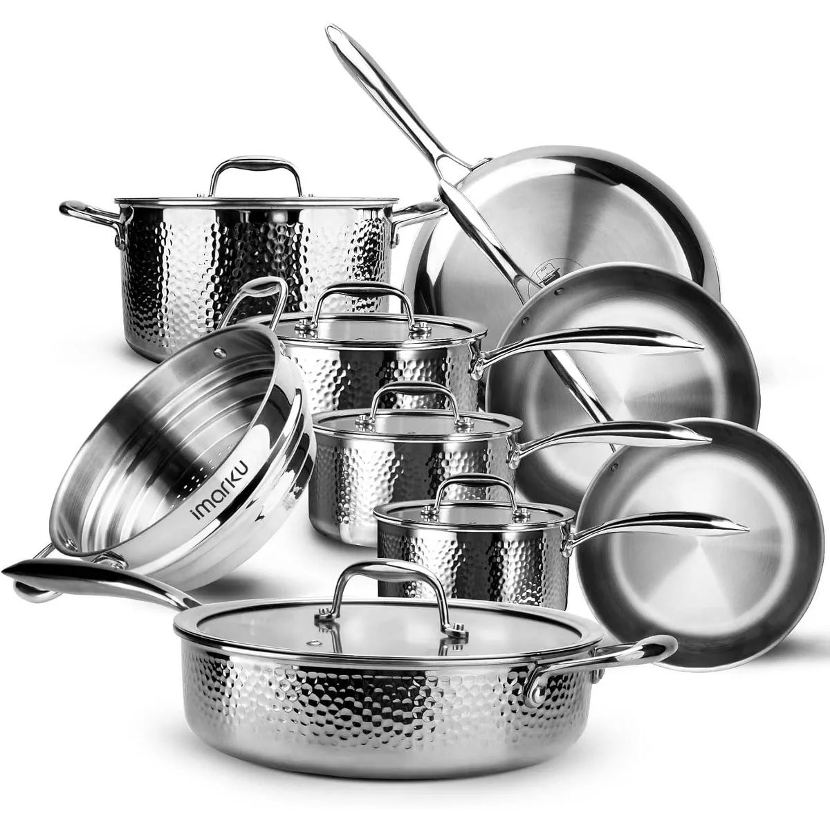 imarku Pots and Pans Set, 14 PCS Cooking Utensils Set，Tri-Ply Clad Stainless Steel with Hangered Handle and Lids, Dishwasher Safe