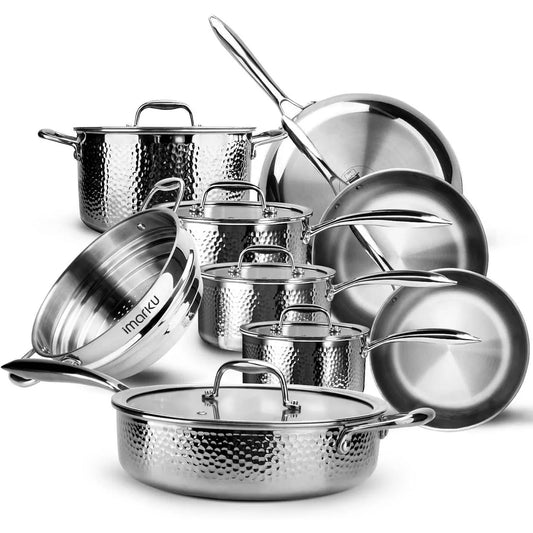 imarku Pots and Pans Set, 14 PCS Cooking Utensils Set，Tri-Ply Clad Stainless Steel with Hangered Handle and Lids, Dishwasher Safe