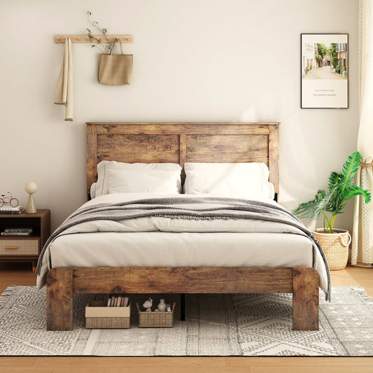 PAPROOS Queen Size Wood Bed Frame, Heavy Duty Wood Platform Bed with Headboard and Strong Wooden Slats, Rustic Queen Bed Frame for Teens Adults, No Box Spring Needed, Dark Brown