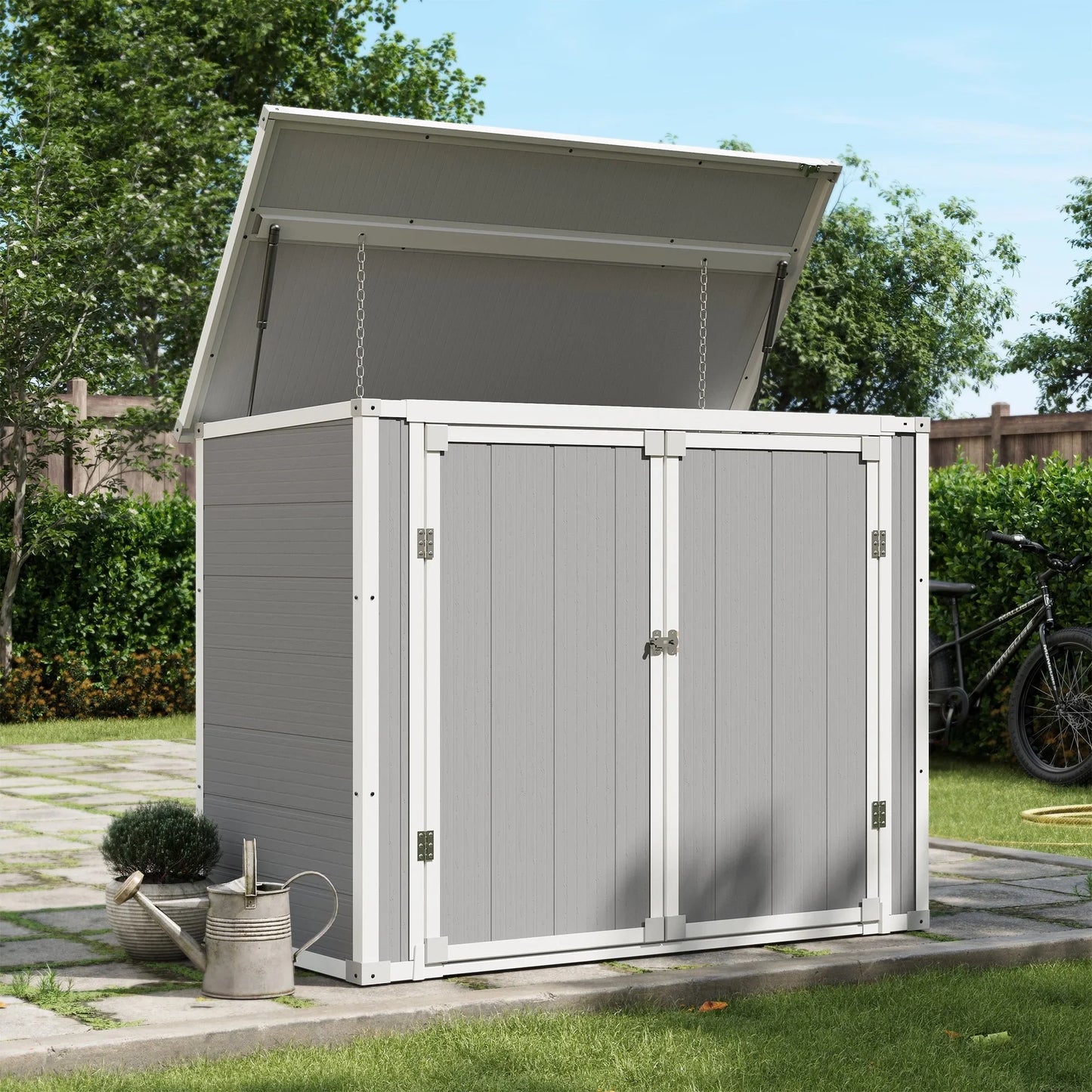 UDPATIO Outdoor Horizontal Storage Shed, 41 cu.ft Weatherproof Resin Storage Shed with Floor, for Trash Can Storage, Tools, Lawn Mower, for Patio, Grey