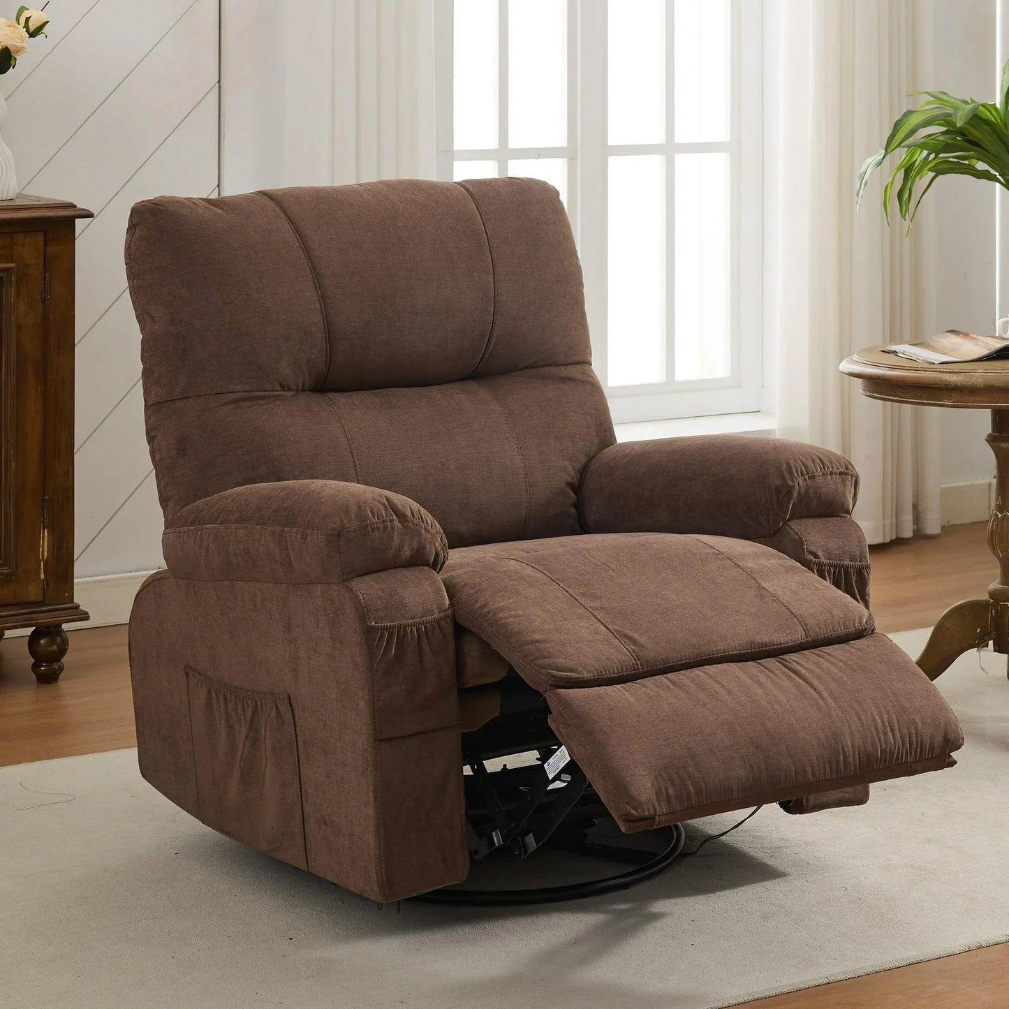 PAPROOS Swivel Rocking Recliner Chair, Linen Fabric Rocking Chair with Cup Holders and Side Pocket, 360 Degree Rotating Swing Recliner Sofa, Brown