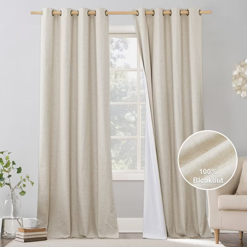 NICETOWN Blackout Noise Reducing Curtains, Linen Texture Grommet Window Treatments with Thermal Insulated Liner, 52W x 84L, Light Beige