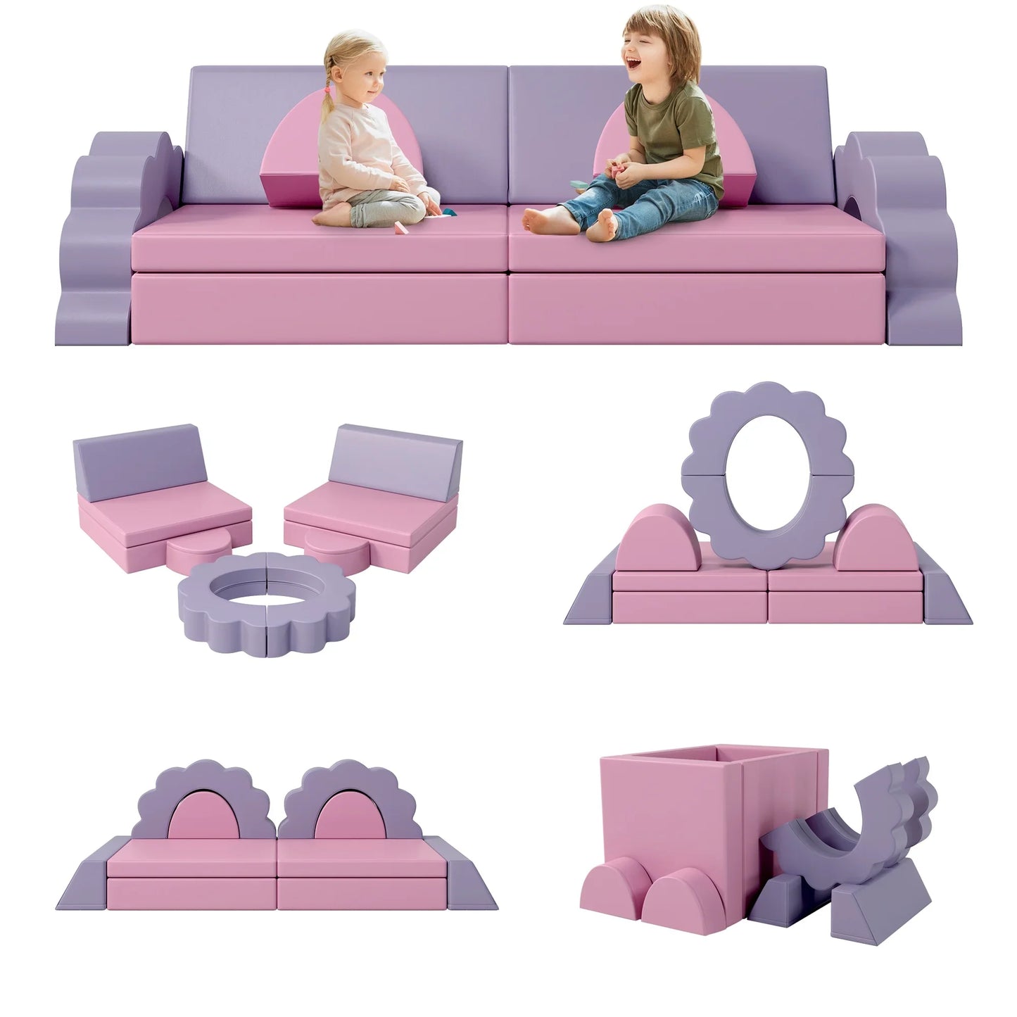 Sesslife 10 PCS Modular Kids Play Couch, Toddler Sofa Couch for Crawl Foam Play, Climbing Blocks Convertible Sofa, Modern Nugget Couch for Toddlers, Infant, Kids, Per-School, Pink