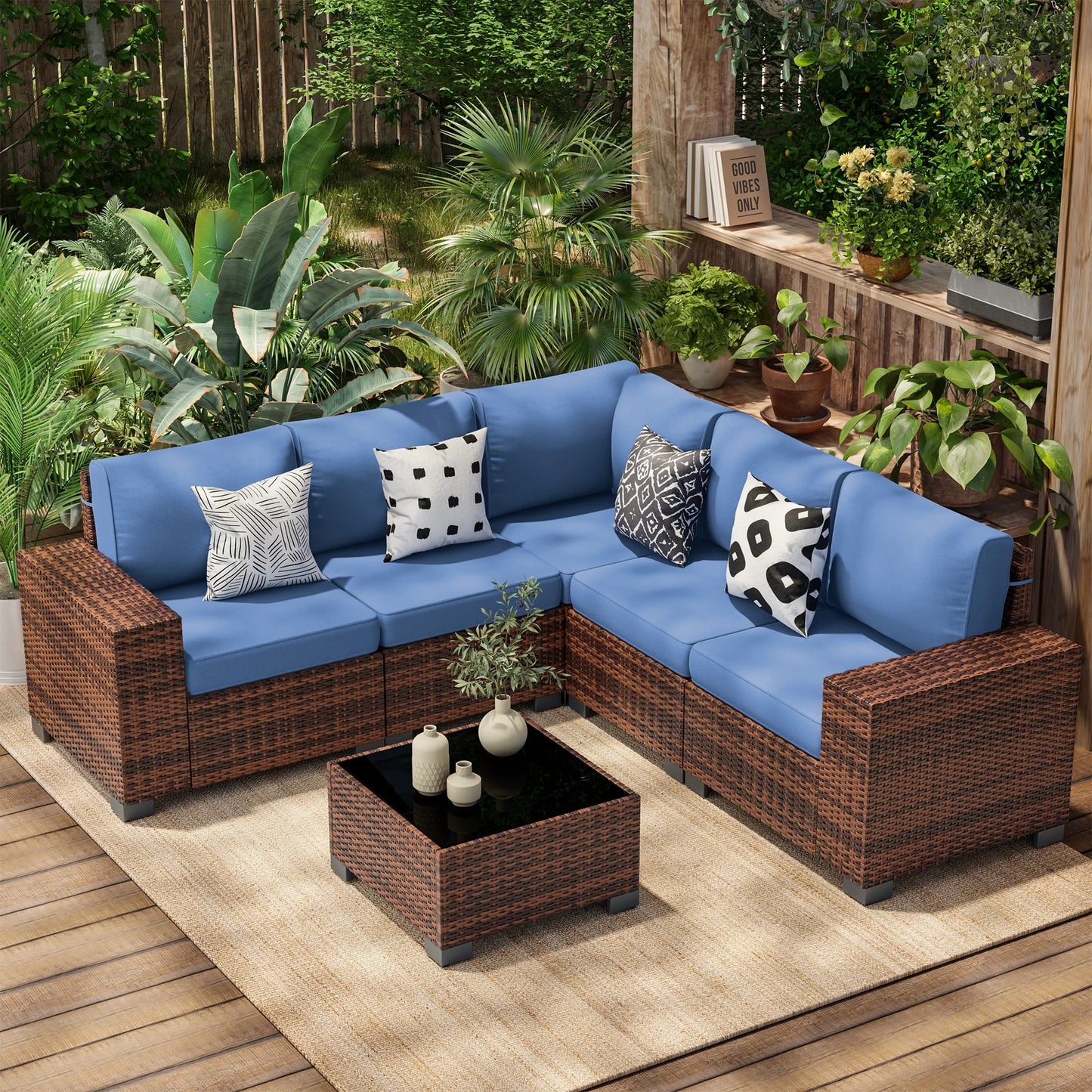 UDPATIO 6-Piece Patio Furniture Set, Outdoor Patio Sofa Set With Wide Armrest, All-Weather Wicker Rattan Guest Set With Cushion And Glass Table And Waterproof Cover, Brown & Navy Blue