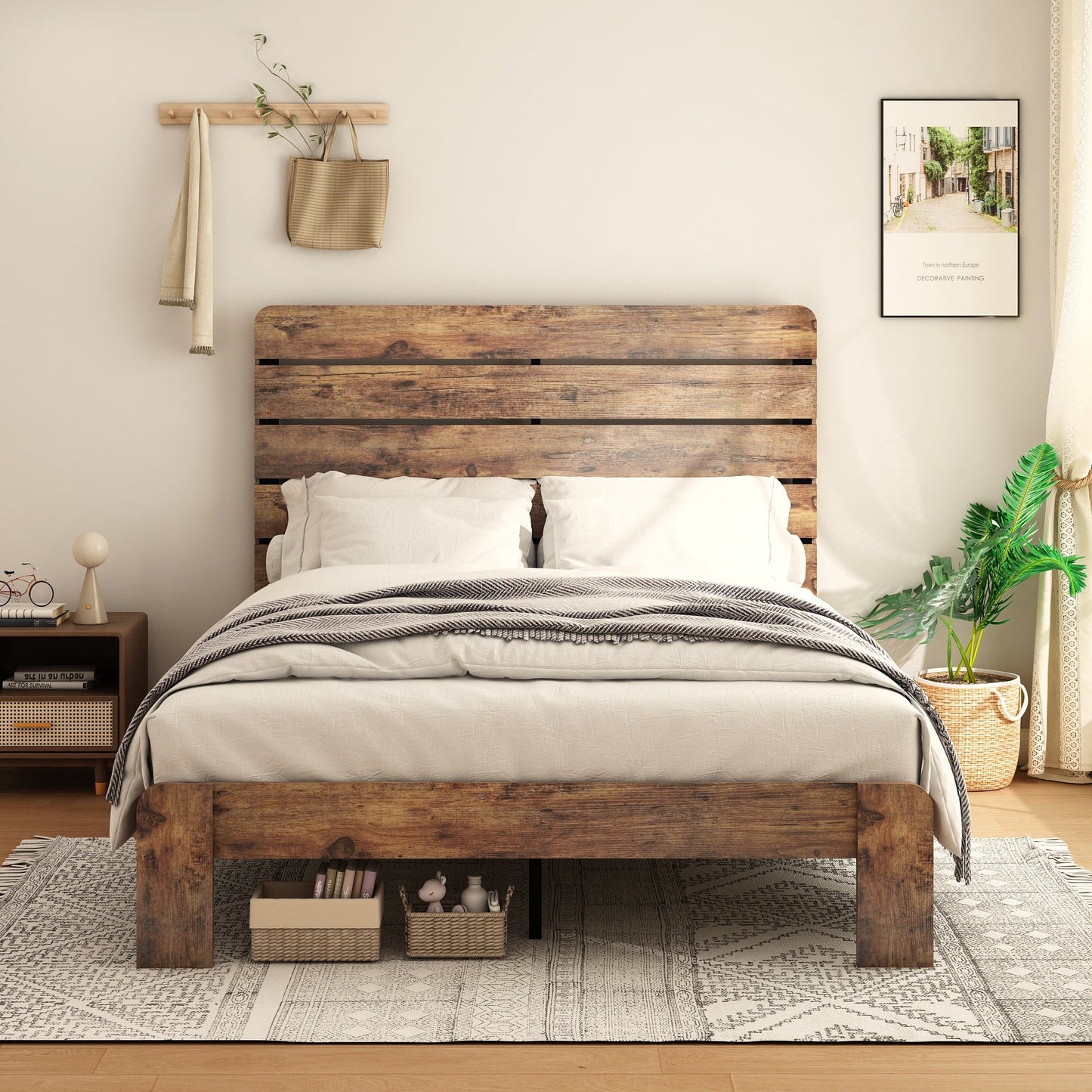 PAPROOS Full Size Bed Frame, Rustic Wood Platform Bed with Headboard, Modern Farmhouse Style Full Bed Frame No Box Spring Needed, Dark Brown
