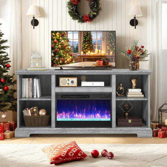 IMKHK Fireplace TV Stand for TVs up to 60", Farmhouse TV Console Table with Storage Shelves and Remote Control, Media Entertainment Center with 23" Electric Fireplace for Living Room Bedroom, Gray