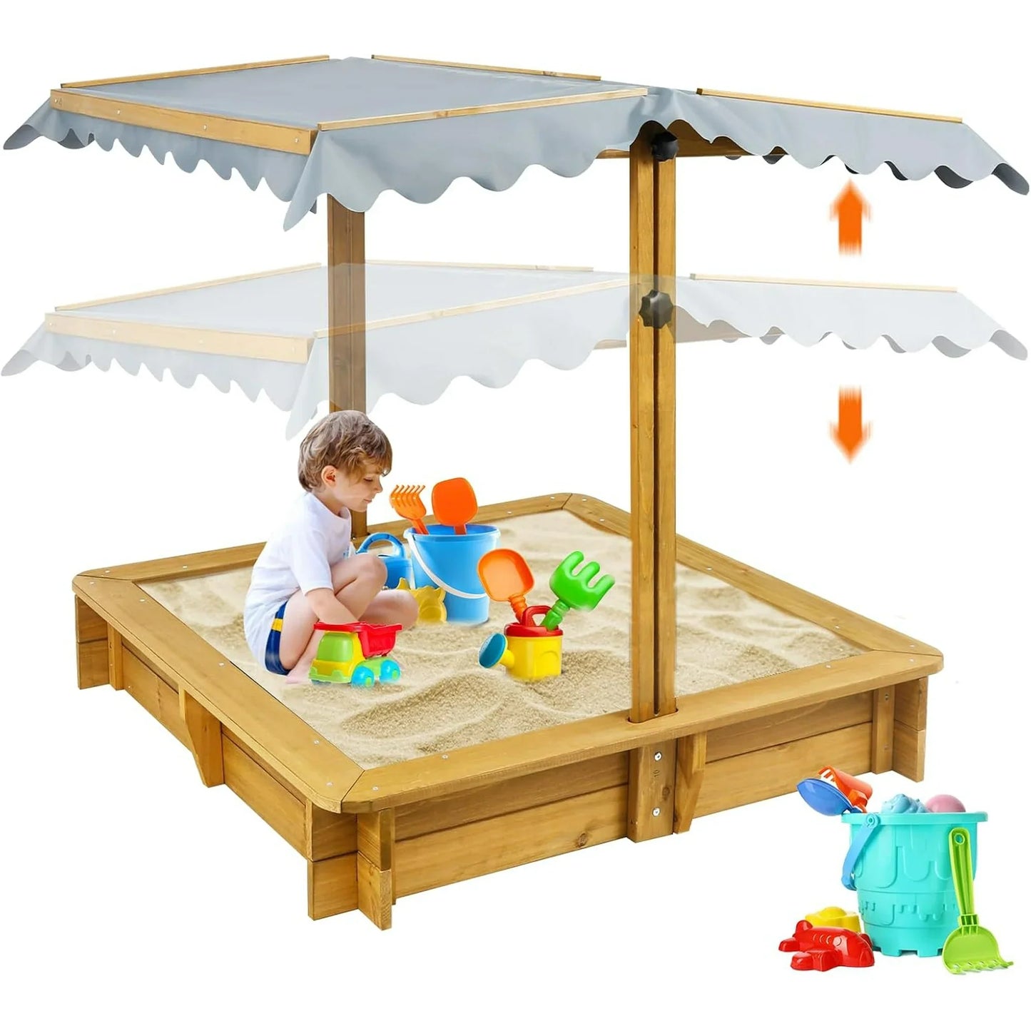 PETSCOSSET Sandbox with Cover, Sand Box with 4 Reinforced Benches, UV-Resistant & Adjustable Height Roof, Bottom Liner, Wooden Sand Boxes with Lid for Kids Outdoor, Gift for Ages 2-8, 45x45 Inches