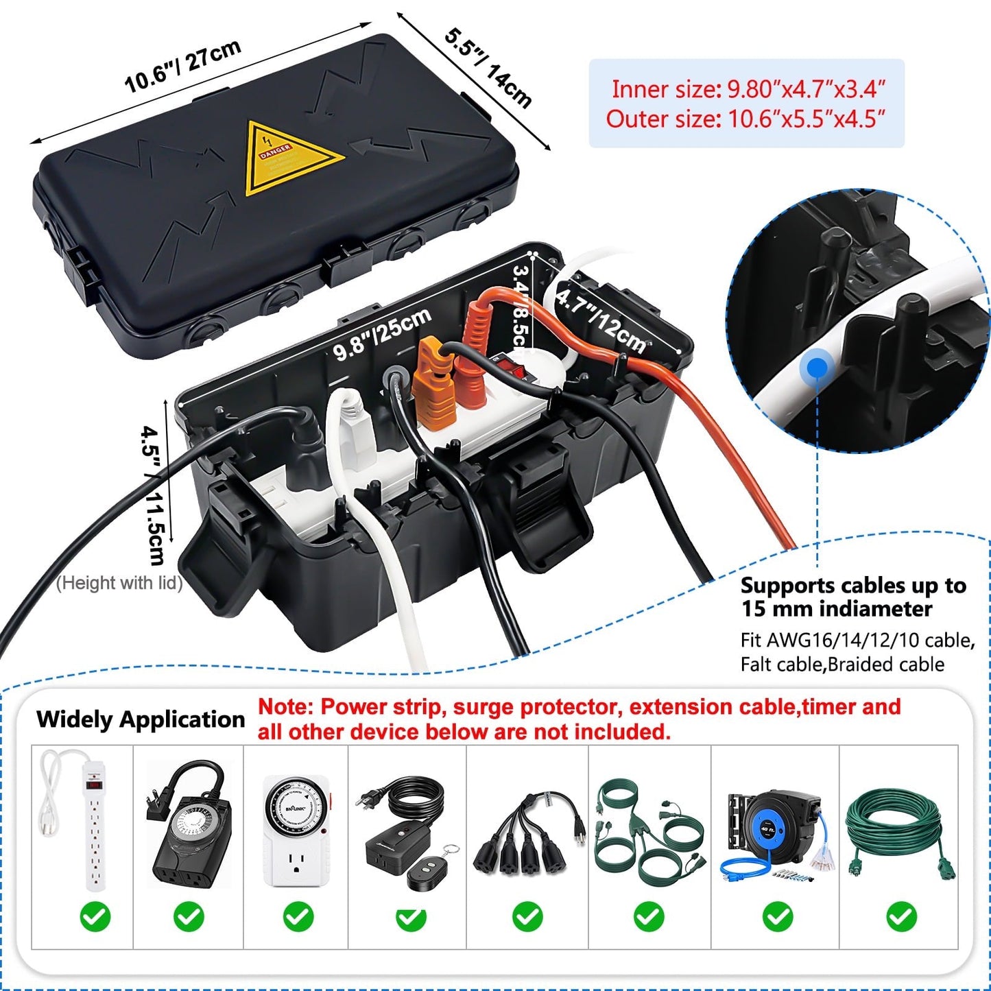 PhiloDeco Medium Outdoor Electrical Box (11.5*6.8*5 inch), IP54 Waterproof Extension Cord Cover Weatherproof, Protect Outlet, Plug, Socket, Timer, Power Strip, Holiday Light Decoration, Black