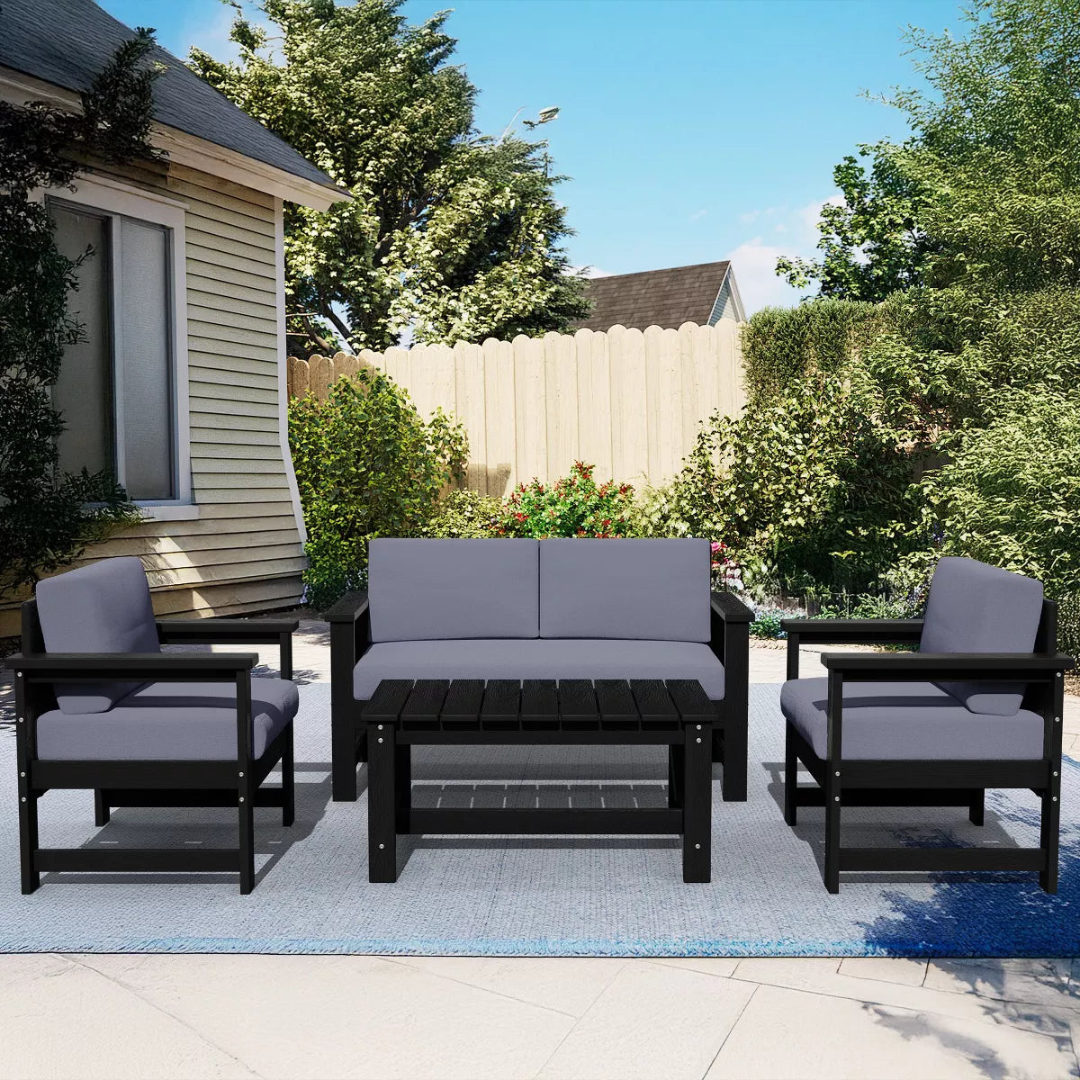 Hyleory HDPE 4-Piece Outdoor Sofa Set with Cushions, Conversation Set Including One Loveseat, Two Accent Chairs and a Coffee Table