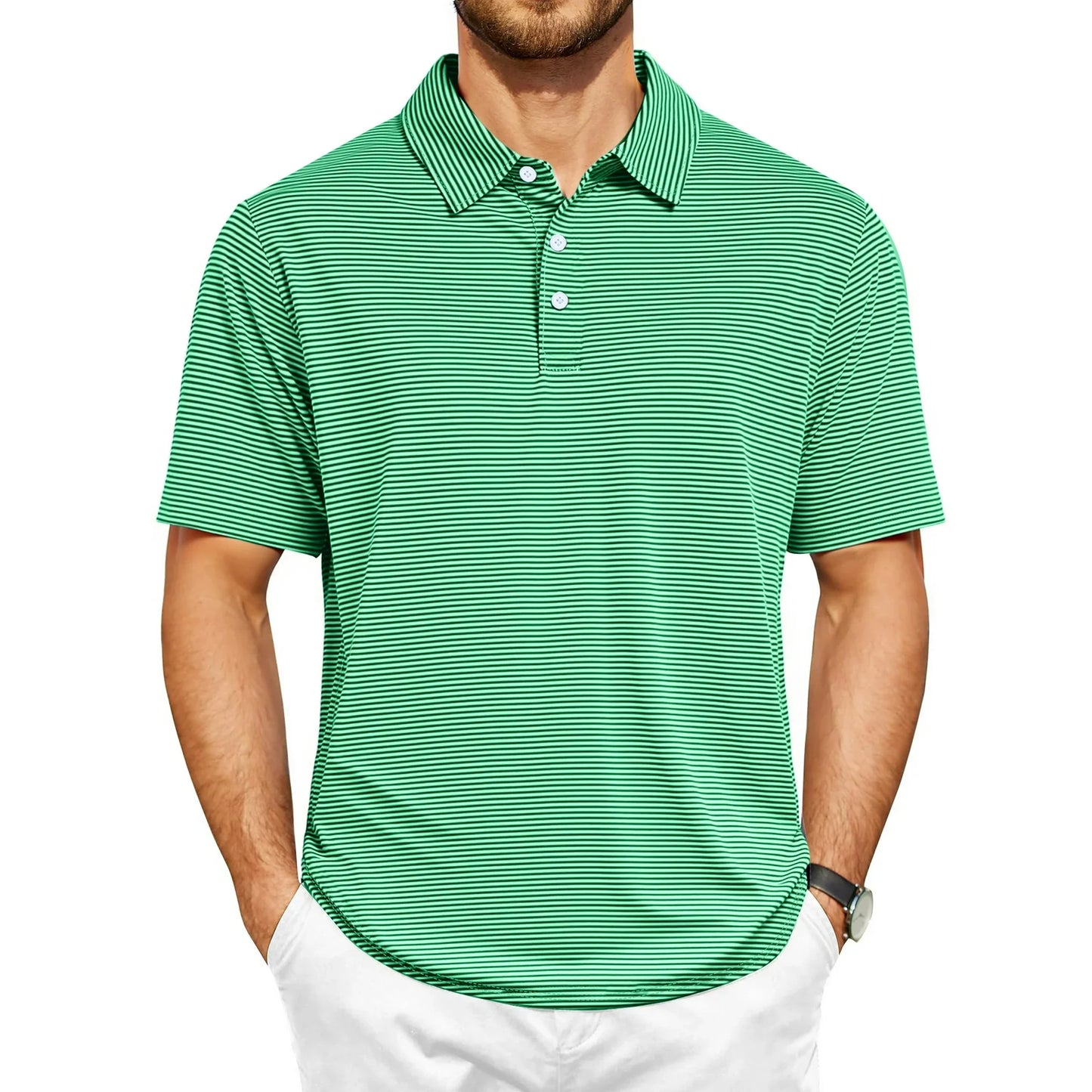 Thrilos Striped Golf Polo Shirts for Men Short Sleeve Performance Polo Dry Fit Print Casual Golf Shirts