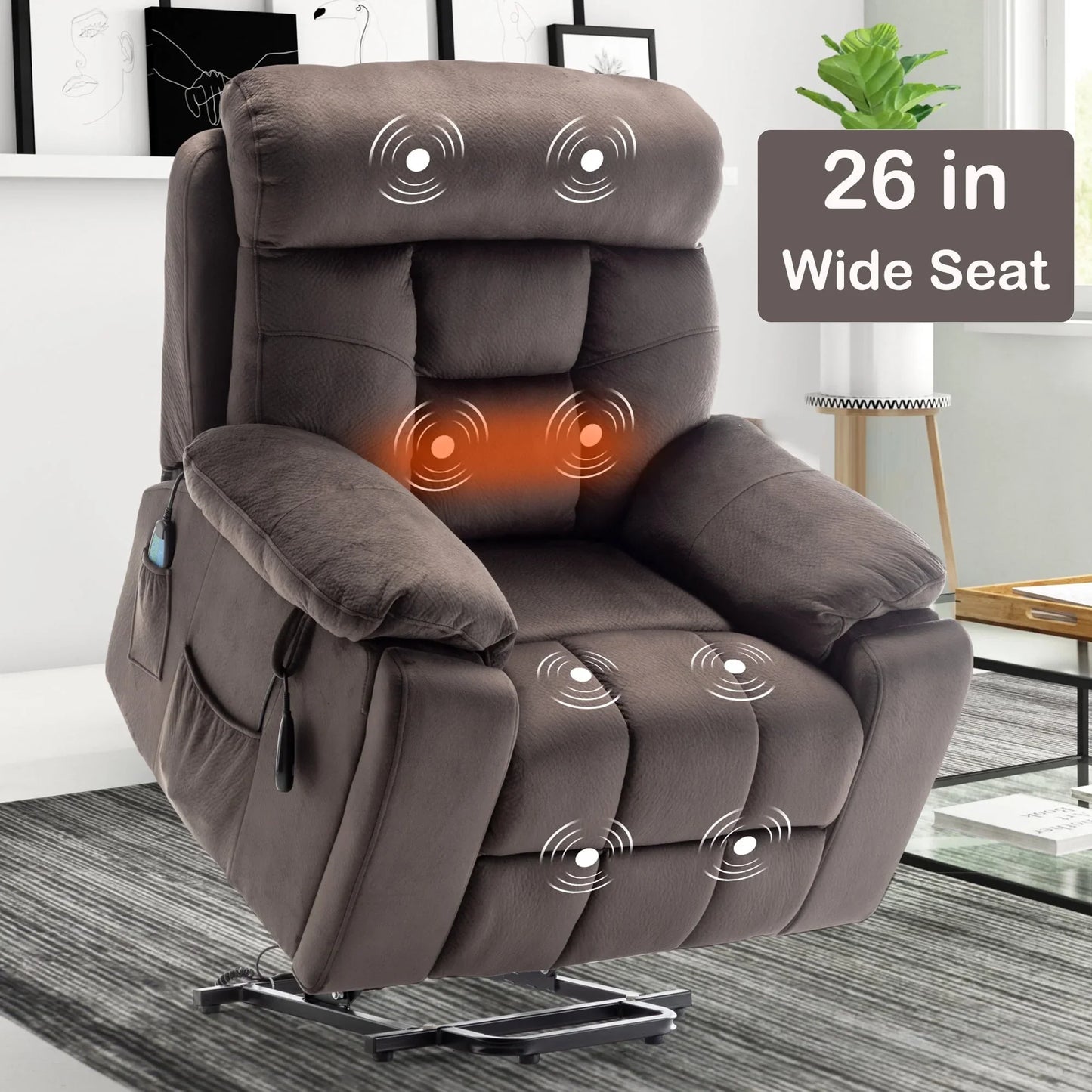 Lift Recliner Chair, 26in Wide Large Power Lift Chair Recliner for Elderly, Electric Lift Chair with Heat and Massage, Cup Holders and Side Pocket, Single Sofa Chair for Elderly, Brown