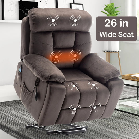 Lift Recliner Chair, 26in Wide Large Power Lift Chair Recliner for Elderly, Electric Lift Chair with Heat and Massage, Cup Holders and Side Pocket, Single Sofa Chair for Elderly, Brown