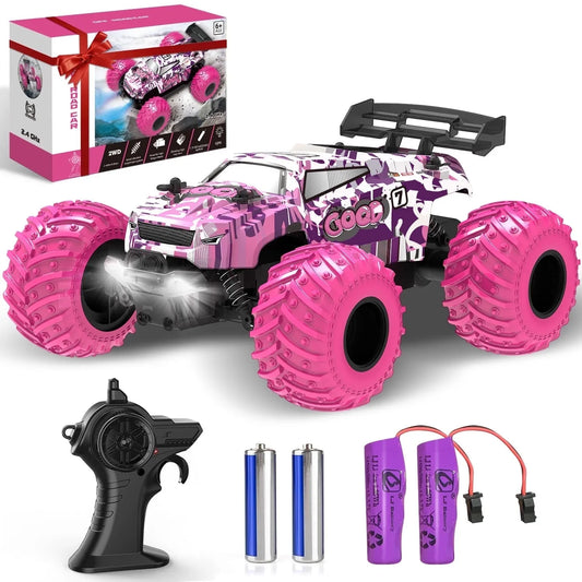 BEEPRINCESS Remote Control Car, 1:18 Scale All Terrain RC Cars, 2WD 20Km/h with Colorful LED Light and 2 Rechargeable Batteries, RC Monster Truck Off-road Racing Car Toys for Kids and Boys, Pink