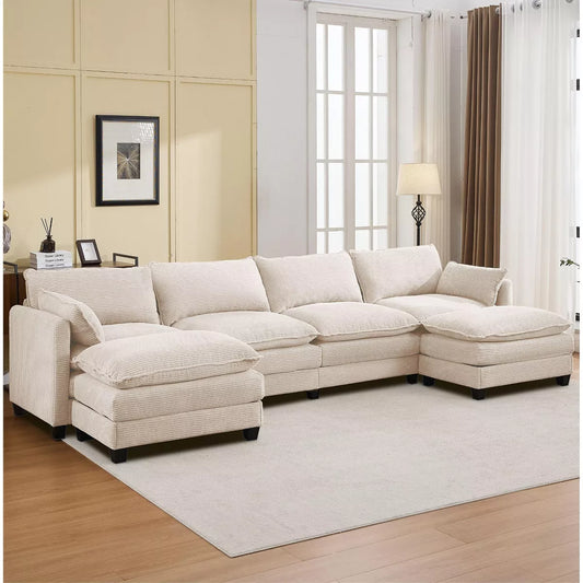 Hyleory Corduroy U-Shaped Sectional Sofa, 4-Seater Couch with 2 Movable Ottomans, Modular Living Room Furniture