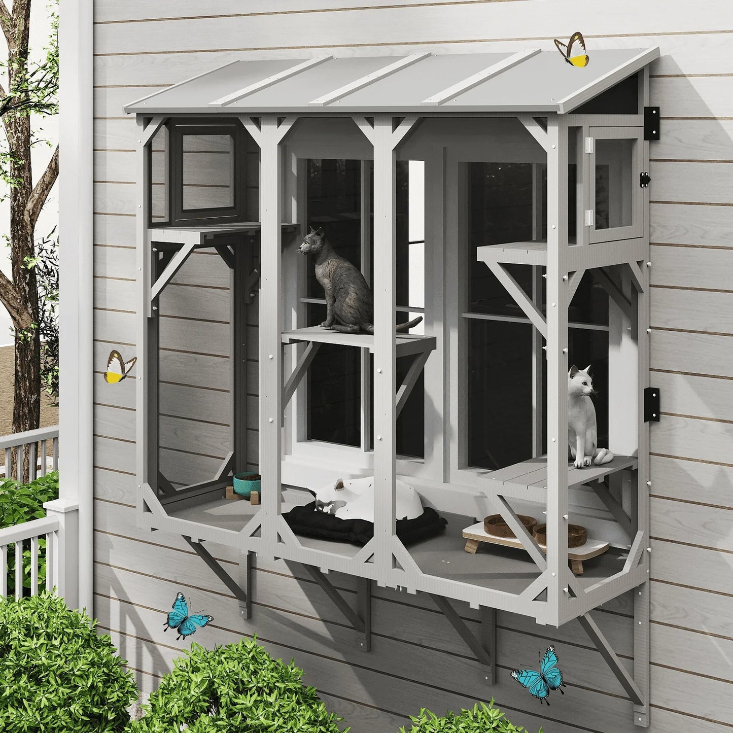 PETSCOSSET Cat Catio, Expandable Window Box Enclosure for Multiple Indoor Cats, Comfortable Wooden Small Pet Perch House