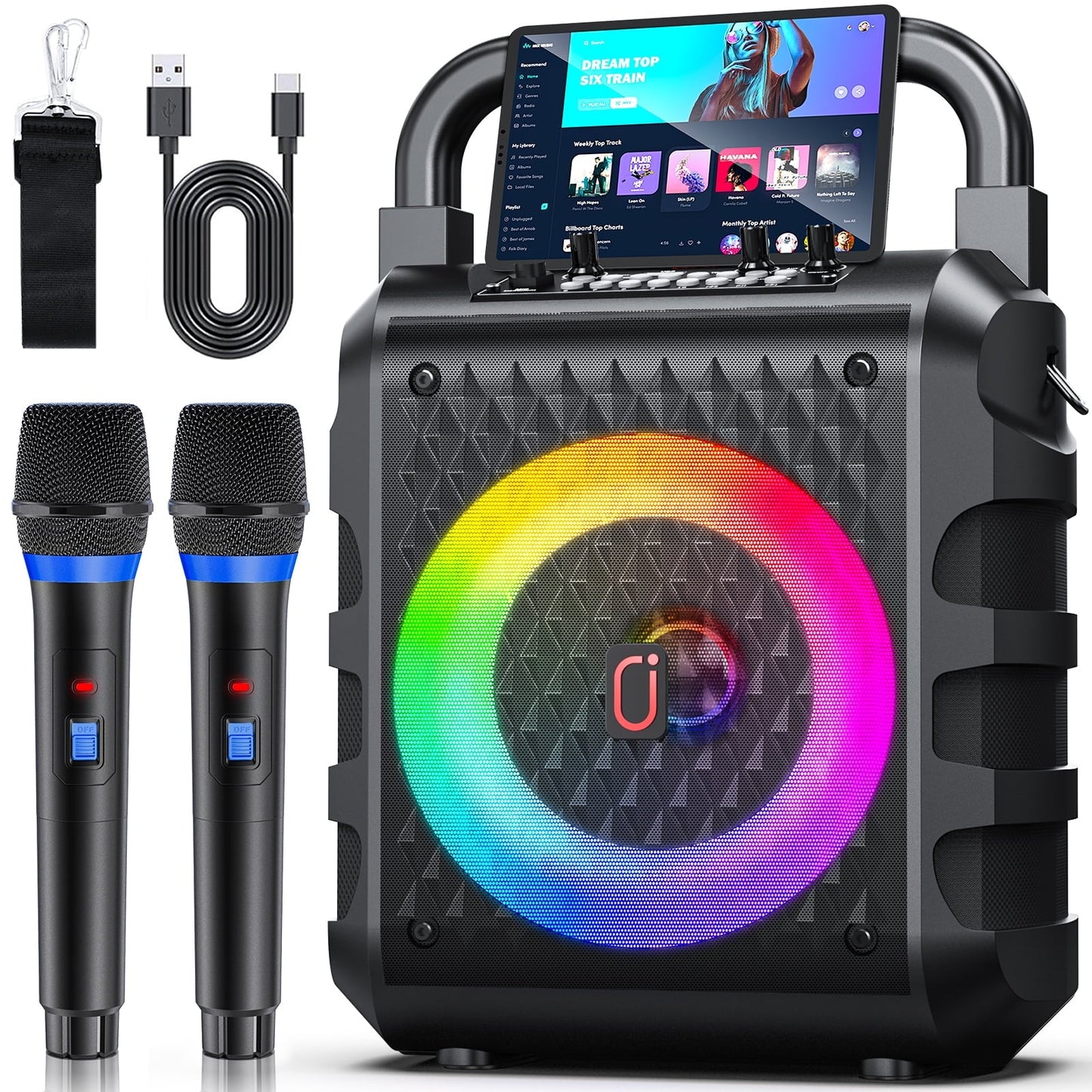 FanFun Portable Speaker, 20W Powerful Stereo Sound Party Speaker with DJ Lights, Bluetooth Speaker with 2 Microphones, Hands, Shoulder Straps, 12 H Playtime