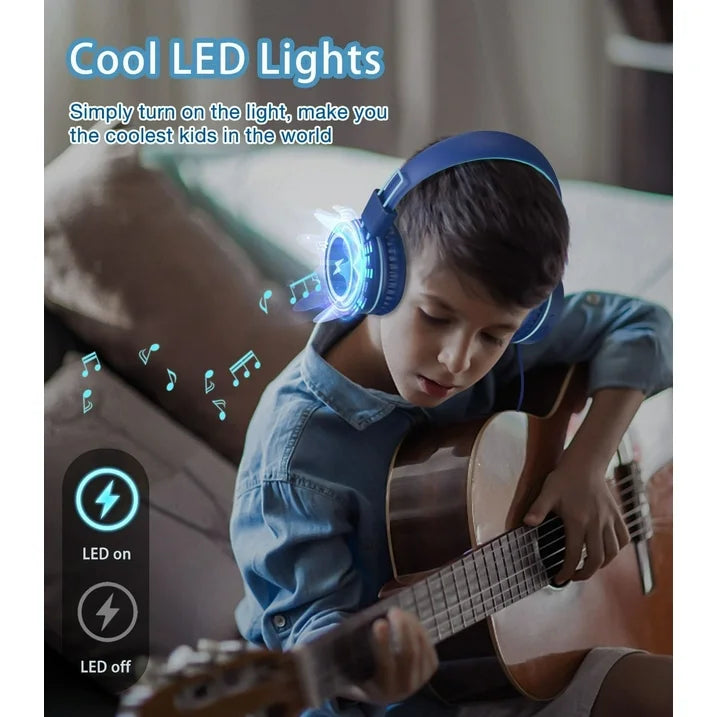 Seenda Wired Kids Headphones with LED Lights, Microphone and Upgraded Type C Connection, 85/94dB Safe Volume, On Ear Headphones for Boys/Girls/School Supplies/Tablet, Blue, New