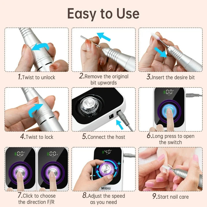 Sentryse Electric Nail Drill 40000RPM Professional Electric File Rechargeable Nail Drill Machine with LCD Display  Base  7 Bits for Salon Manicures