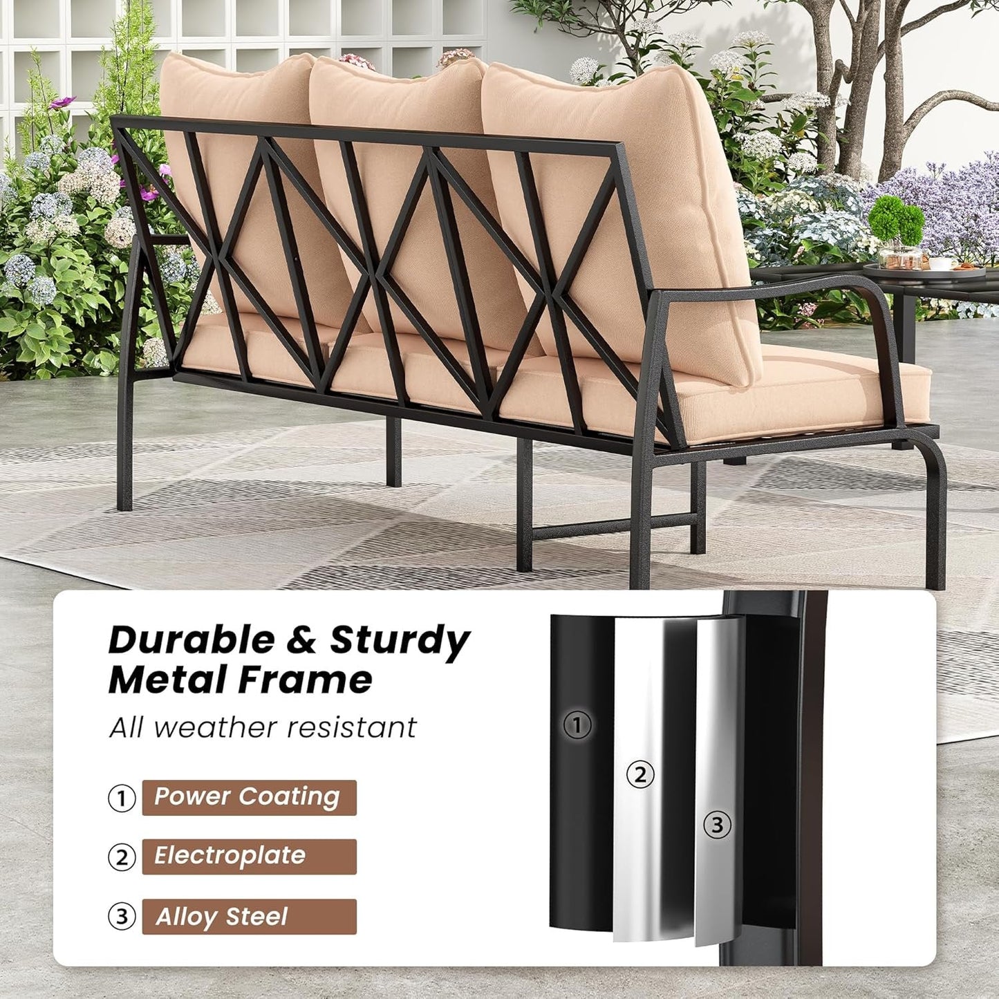 Farini Patio Furniture Set, 4 Piece Outdoor Patio Furniture Set, 2 x Outdoor Swivel Chair, 1 x 2-Seats Sofa and 1 x Coffee Table, Metal Conversation Set for Porch, Balcony, and Backyard