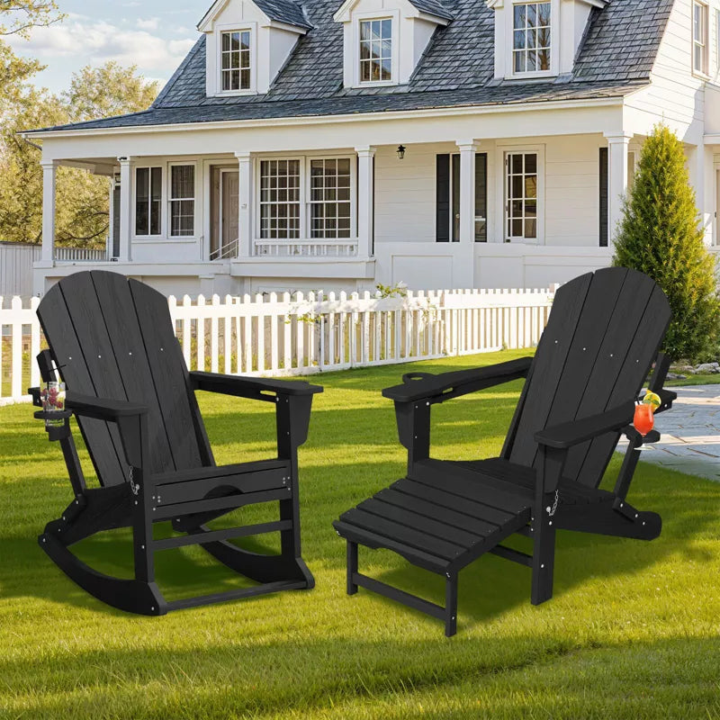 Adirondack Rocking Chair with Retractable Ottoman and Cup Holder, All Weather HDPE Folding Adirondack Chair,Fire Pit Chair for Porches, Patios