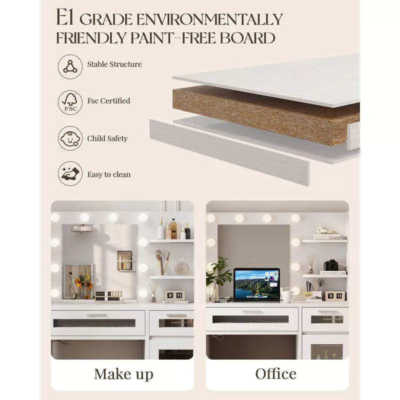 HYLEORY Vanity Desk with Mirror, Power Outlet and 10 Lights, Makeup Table with 3 Drawers, 3 Color Modes Available for Bedroom,White