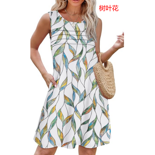 Fantaslook Pleated Tank Dresses for Women Fashion Summer Sleeveless Sundress Casual Beach Dress with Pockets